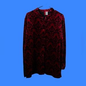 80s Look East Red and Black Velvet Button Down w/ GEISHA Asian Burnout on back.